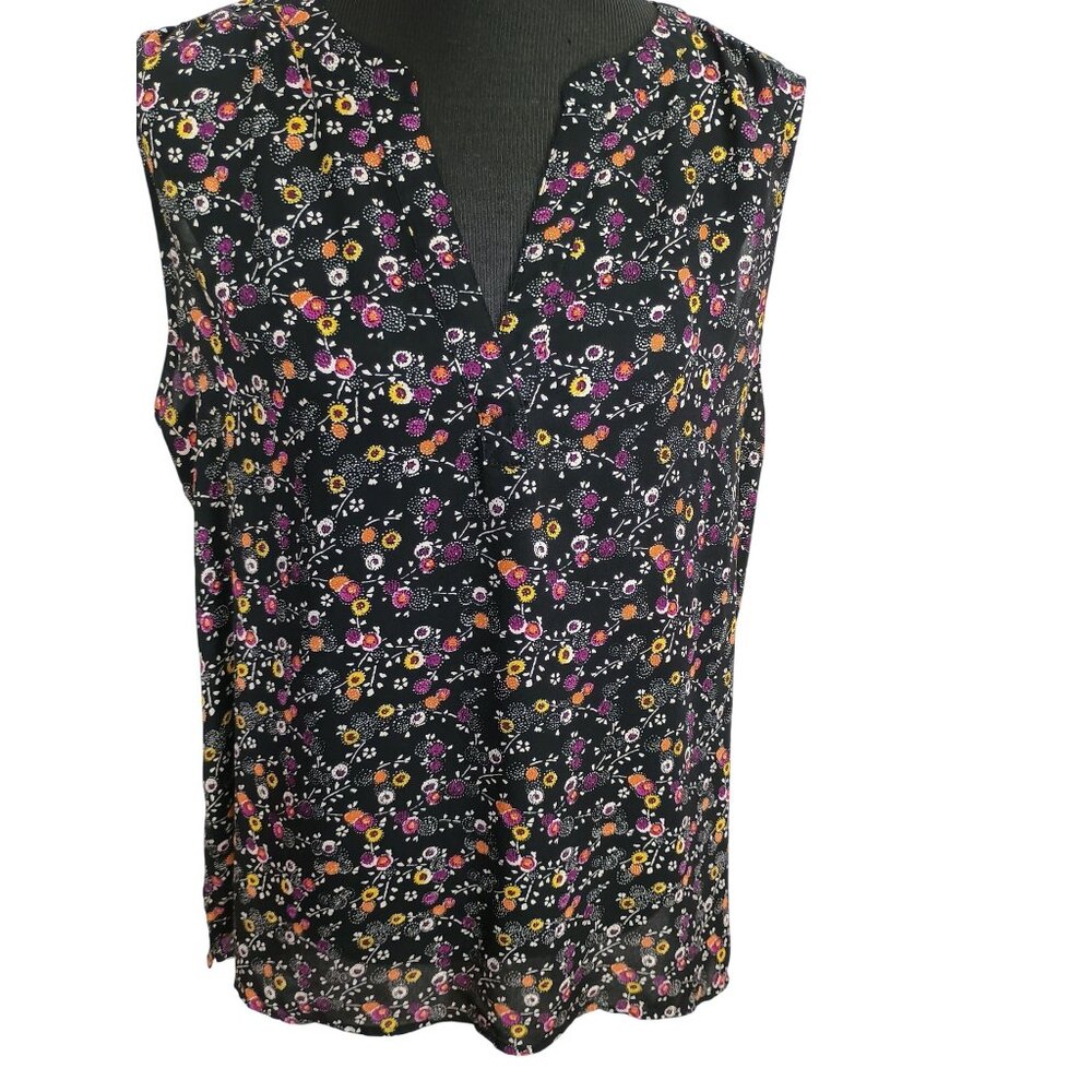 Chaus New York Womens Vneck Sleeveless Floral Top XL Black